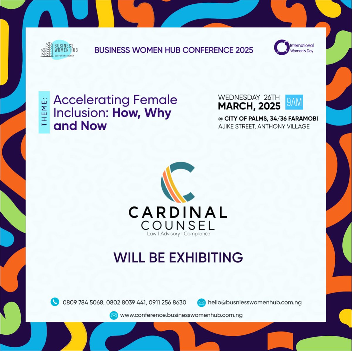 Cardinalcounsl's tweet photo. Business Women Hub Conference 2025 ๐
Join us as we explore "Accelerating Female Inclusion: How, When, and Now"
๐
Wednesday, March 26, 2025
๐ Donโt miss out on this powerful conversation!
#BusinessWomenHub #WomenInBusiness #FemaleInclusion #BWH2025 https://t.co/Kn30Aq3pZT