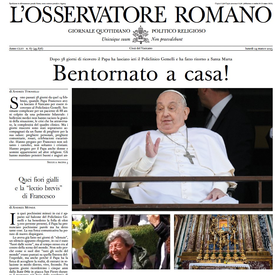 #PrimaPagina #PapaFrancesco 
Bentornato a casa!
Dopo 38 giorni di ricovero il Papa ha lasciato ieri il Policlinico Gemelli e ha fatto ritorno a Santa Marta
osservatoreromano.va/it/news/2025-0…