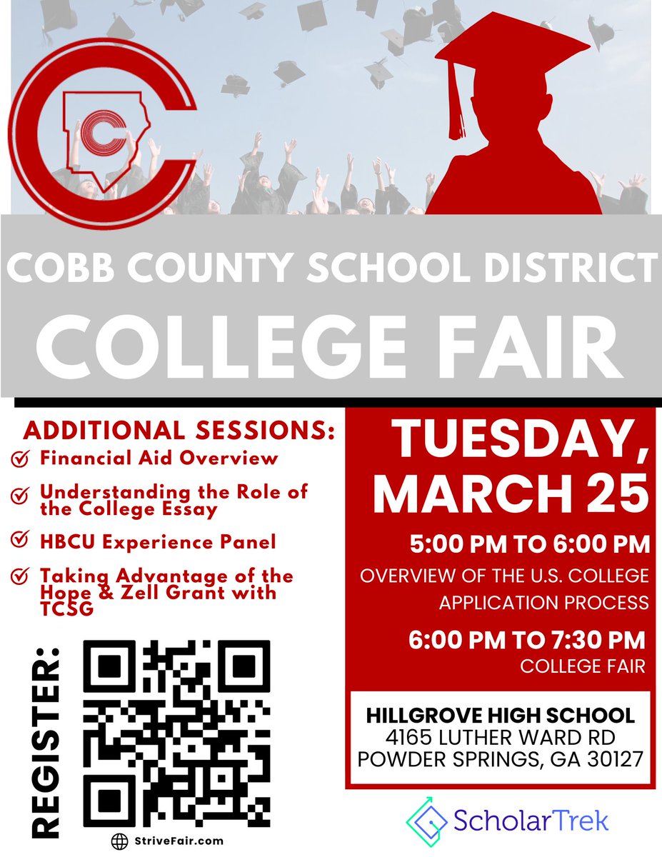 The Cobb County School District Spring College Fair is tomorrow, March 25th. Register today! We hope to see you there! <a href="/CobbSchools/">Cobb County Schools</a> <a href="/CobbAvid/">CobbAVID</a> <a href="/CobbCtae/">Cobb CTAE</a> #collegefair