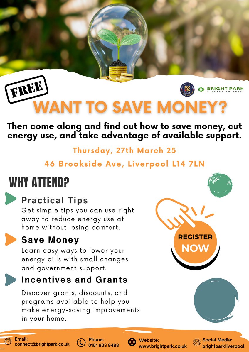 📢 Want to save energy &amp; cut bills?

Join us:

Tuesday Drop-In
⏰ 12-2pm @ Bright Park
Chat with Liverpool City Council for energy &amp; wellbeing tips.

Thursday Session
⏰ 10-11:30am @ Brookside House
Learn energy-saving hacks with National Energy Action.
#CommunitySupport