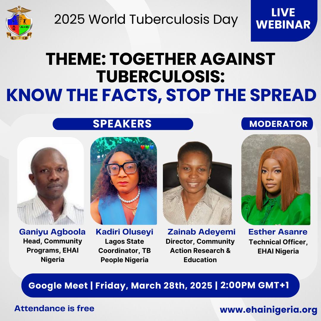 Ehainigeriaorg's tweet photo. In commemoration of World Tuberculosis Day, join us this Friday for an engaging conversation as we discuss the critical facts about the disease, its prevention, and treatment.

🕙 2pm WAT
📍Google Meet
🗓️ Friday, March 28th, 2025

#StopTB
#EHAI
#HealthNGOinNigeria https://t.co/alUQORH01f