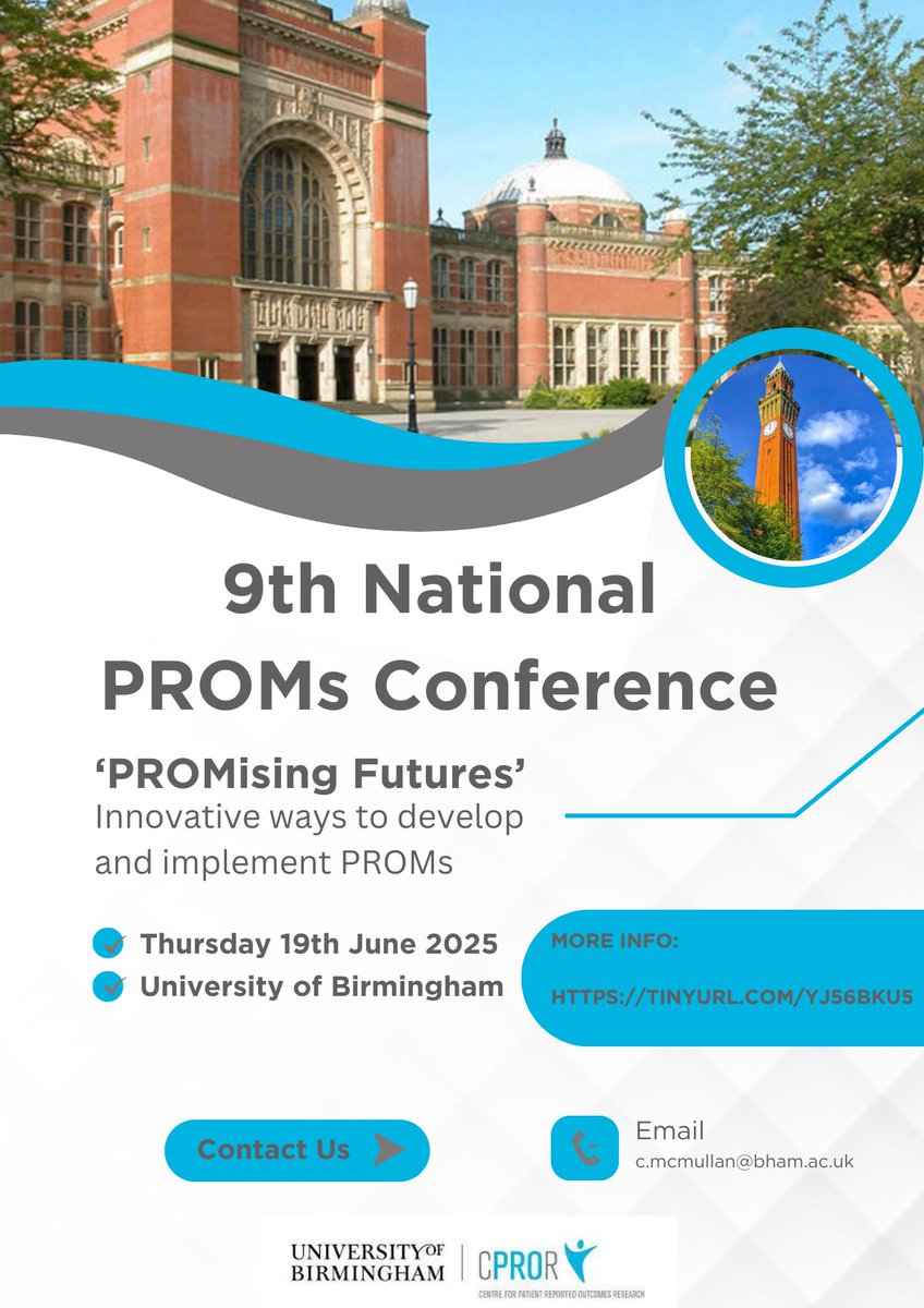 Dr Christel McMullan 🎾 🇨🇵 🇮🇪 🇪🇺 (@christel_uob) on Twitter photo The 9th UK PROMS conference is hosted by <a href="/CPROR_UoB/">CPROR</a> <a href="/UoB_DAHS/">Applied Health Sciences</a> in <a href="/unibirmingham/">Uni of Birmingham</a> on 19th June 2025.
Submit your abstracts here:
➡️tinyurl.com/4r6wjtwj
Registration opens 07/04/25
More info here:
tinyurl.com/yj56bku5
<a href="/drmelcalvert/">Mel Calvert</a> <a href="/dpeipert/">Devin Peipert</a> <a href="/lee_1881/">Lee Aiyegbusi</a> <a href="/SarahHughesSLT/">Dr Sarah Hughes</a> The 9th UK PROMS conference is hosted by <a href="/CPROR_UoB/">CPROR</a> <a href="/UoB_DAHS/">Applied Health Sciences</a> in <a href="/unibirmingham/">Uni of Birmingham</a> on 19th June 2025.
Submit your abstracts here:
➡️tinyurl.com/4r6wjtwj
Registration opens 07/04/25
More info here:
tinyurl.com/yj56bku5
<a href="/drmelcalvert/">Mel Calvert</a> <a href="/dpeipert/">Devin Peipert</a> <a href="/lee_1881/">Lee Aiyegbusi</a> <a href="/SarahHughesSLT/">Dr Sarah Hughes</a>