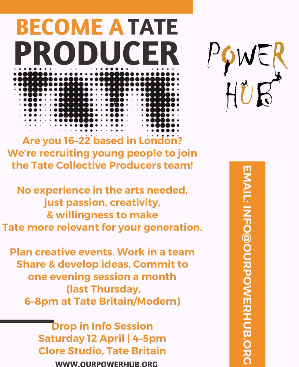 Our Power Hub x Tate Britain, Training &amp; Employment! 
Are you 16–22 based in London?
We’re recruiting young people to join the Tate Collective Producers team! No experience in the arts needed, just passion, creativity, a willingness to make Tate more relevant for your generation.