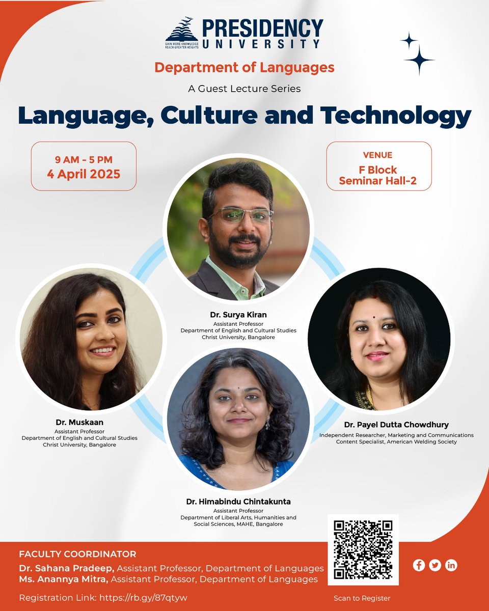 Uni_Presidency's tweet image. The Department of Languages at Presidency University is hosting a series of insightful Guest Lectures on Language, Culture, and Technology on Friday, 4th April 2025, at Seminar Hall-2, F Block.

#LanguageAndCulture #TechMeetsLanguage #PresidencyUniversity