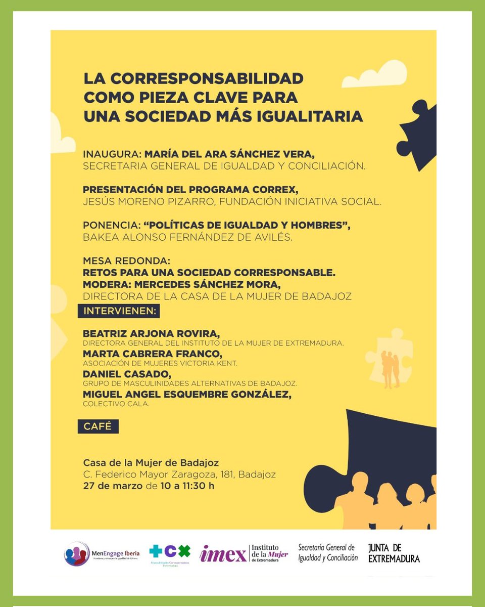 💜 ¡Ronda de presentaciones públicas de Masculinidades Corresponsables en Extremadura!

📍 Casa de la Mujer de Badajoz
📅 27 de marzo
⏰ 10:00 a 11:30

🗣 Nuestrs compas Bakea y <a href="/je_mopi/">Jesús Moreno</a> presentarán el proyecto y darán una ponencia marco sobre políticas públicas de masculinidades