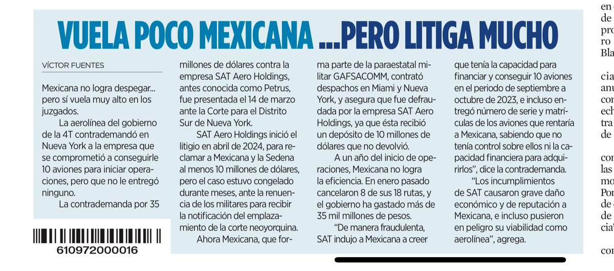 MarthaTagle's tweet photo. Mexicana, la aerolínea militar, ha gastado más de 35 mil millones de pesos de nuestros impuestos, que podría estar usando en otras prioridades, y además está envuelta en un fraude que puede hacer perder mucho más dinero público 👇🏼
Vía @Reforma https://t.co/ozLsihMuPJ