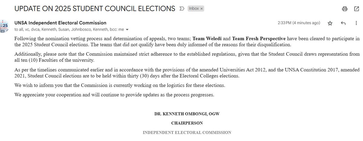 UNSA ELECTORAL COUNCIL (@councilunsa) on Twitter photo The Chair, IEC has released an update on <a href="/uonbi/">University of Nairobi</a> student elections
See below
#UNSA2025
#UoNstudentelections The Chair, IEC has released an update on <a href="/uonbi/">University of Nairobi</a> student elections
See below
#UNSA2025
#UoNstudentelections