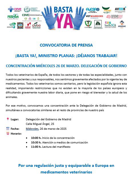 COLVEMA's tweet image. Veterinarios de toda España nos movilizamos contra la ley de medicamentos que limita nuestra labor y pone en riesgo la salud animal.
📍 Madrid, C/ Miguel Ángel 25
🗓️ Mié 26 marzo
🕙 10:00 h concentración
