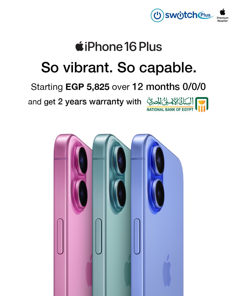 switchpluseg's tweet photo. Pay over 12 months 0% Interest 0% Down payment 0% Admin fees with NBE (National Bank of Egypt)
- Get 2 years warranty on iPhone
- Trade in your old iPhone/iPad
Shop now: https://t.co/13xxolqjix
*Terms and conditions apply
- Valid till March 31st, 2025
Call 16169
TRN: 545 816 254 https://t.co/5fdTWuAbwZ