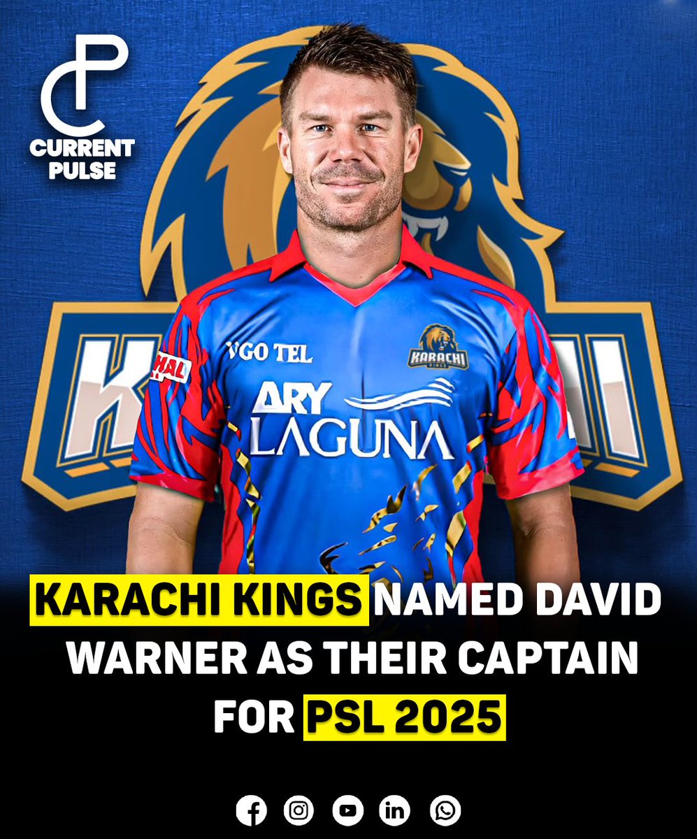 currentpulsec's tweet photo. KARACHI KINGS NAMED DAVID WARNER AS THEIR CAPTAIN FOR PSL 2025.

#DavidWarner #KarachiKings #psl2025 https://t.co/kIFoaKwuUp