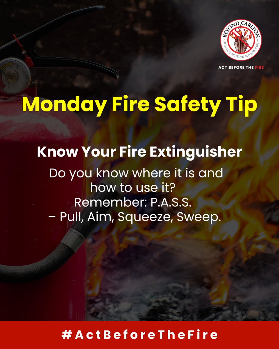 Beyond Carlton (@beyondcarlton) on Twitter photo Know your fire extinguisher?
Can you find it and use it, when seconds count?
Remember P.A.S.S.
➡️ Pull
➡️ Aim
➡️ Squeeze
➡️ Sweep
Stay ready. Stay safe.
#ActBeforeTheFire #AagSeAageRaho
<a href="/KarFireDept/">Karnataka State Fire & Emergency Services</a> <a href="/osdmaodisha/">OSDMA Odisha</a> <a href="/Janaagraha1/">Janaagraha</a> <a href="/icindngr/">i Change Indiranagar</a> @ichangemy Know your fire extinguisher?
Can you find it and use it, when seconds count?
Remember P.A.S.S.
➡️ Pull
➡️ Aim
➡️ Squeeze
➡️ Sweep
Stay ready. Stay safe.
#ActBeforeTheFire #AagSeAageRaho
<a href="/KarFireDept/">Karnataka State Fire & Emergency Services</a> <a href="/osdmaodisha/">OSDMA Odisha</a> <a href="/Janaagraha1/">Janaagraha</a> <a href="/icindngr/">i Change Indiranagar</a> @ichangemy