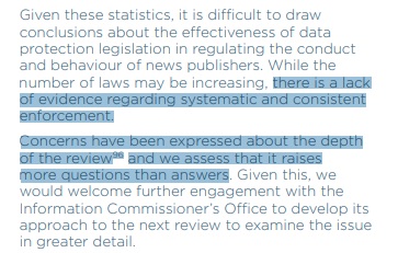Grateful to <a href="/PRPanel/">Press Recognition Panel (PRP)</a> for using my work on flawed  @iconews statutory review of #journalism compliance with #dataprotection which they rightly find "raises more questions than answers" &amp; provides no evidence of "systematic and consistent enforcement" #GDPR pressrecognitionpanel.org.uk/wp-content/upl…