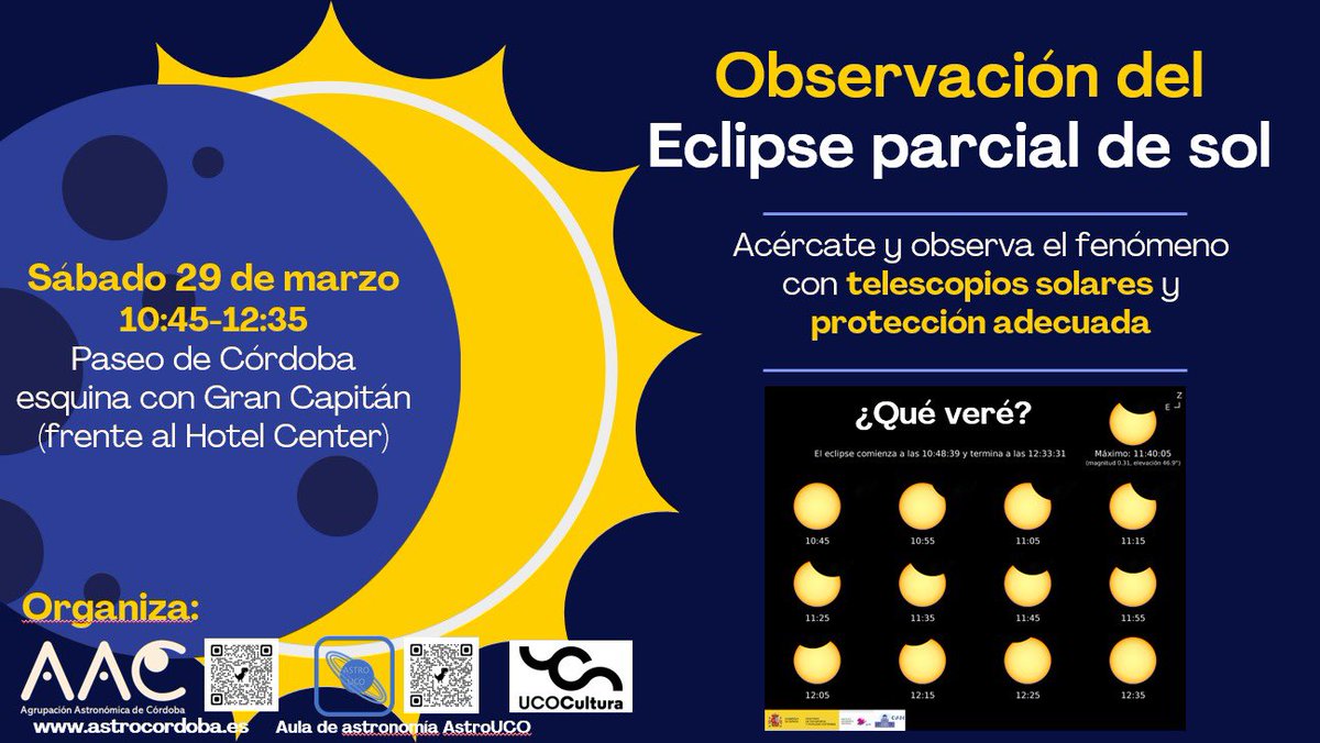 Acompáñanos el Sábado 29 de Marzo a observar el eclipse solar parcial desde el paso Gran Capitán (frente al hotel Córdoba Center). No os lo perdáis!!
#eclipse #eclipsecordoba #córdoba #agrupacionastronomicadecordoba