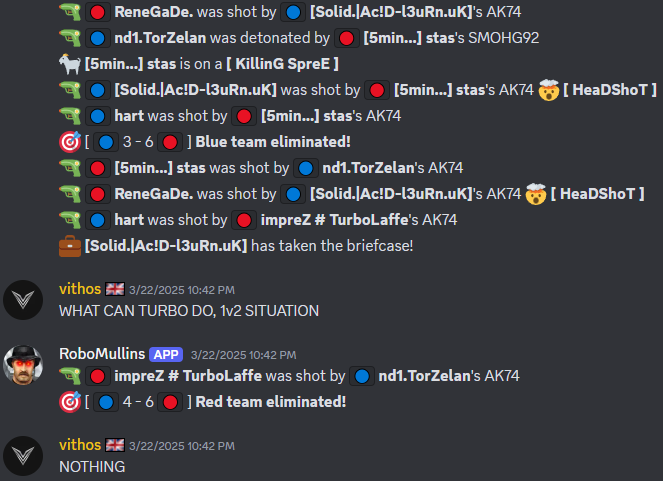 Torzelan's tweet photo. Cobbled together an old-school style live scorebot for Soldier of Fortune II, reporting to @Discord like we used to on IRC back in the day.
Pretty redundant with @Twitch but, ya know. For fun and nostalgia.
Didn't know the term "vibe coding" when starting this, but guess it fits. https://t.co/shY7D9pibo