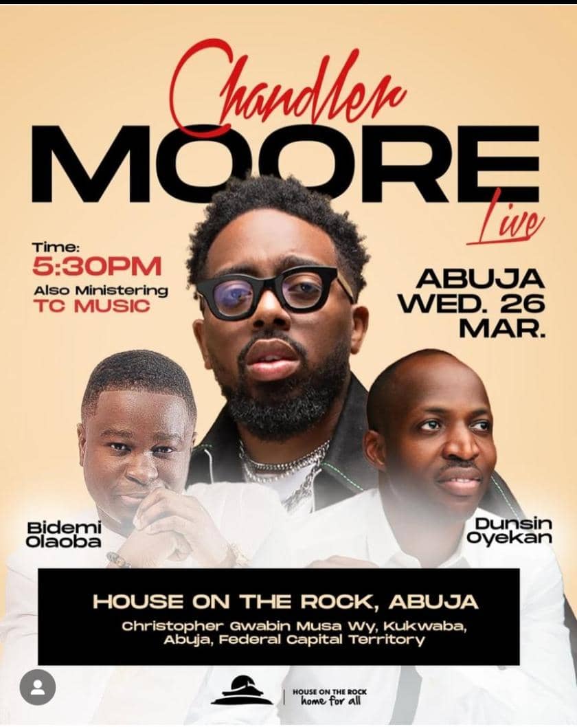 HouseOnTheRock's tweet image. If you enjoyed the #ChandlerMooreLive concert in Lagos, tell your family and friends in Abuja and environs this is where to be on Wednesday. 

Lagos done.

Abuja next on Wednesday.

See you there.

#HouseOnTheRock