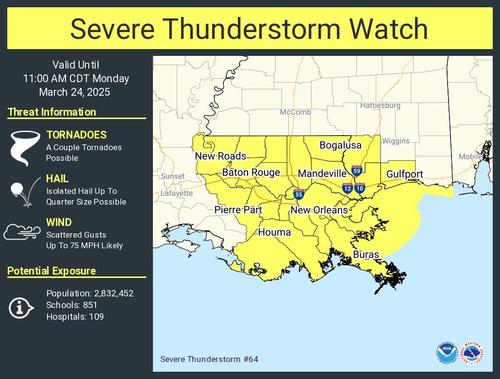 LimWeather's tweet photo. #Severethunderstormwatch in SE #louisiana,SE #Mississippi esp #Gulfport,#Biloxi,#Bogalusa,#HammondLA,#CovingtonLa,#Mandeville,#Slidell,#Houma,#Thibodaux,#Metairie,#Kenner,#Marero,#NewOrleans,#BatonRouge,#LaPlace
#Wxx #wxtwitter #SPC #SevereWx #Tornado #Wind #Hail #LAwx #MSwx https://t.co/Vdg48QT3FQ