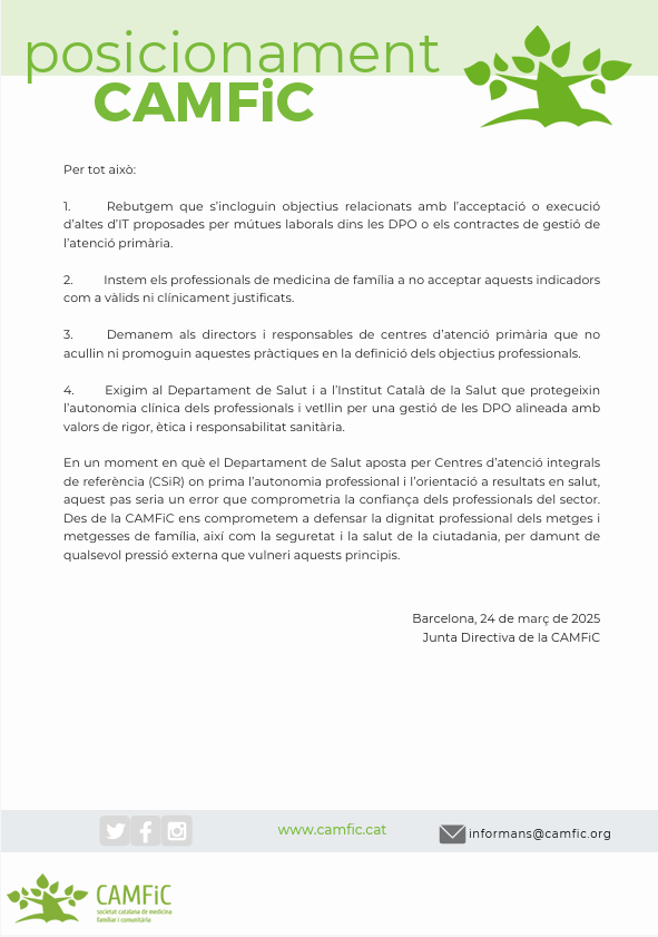 Posicionament @camfic sobre la proposta d’incloure les altes d’IT proposades per les mútues laborals en els contractes de gestió dels Equips d'Atenció Primària i/o en les DPO.

🔗gestor.camfic.cat/uploads/ITEM_1…