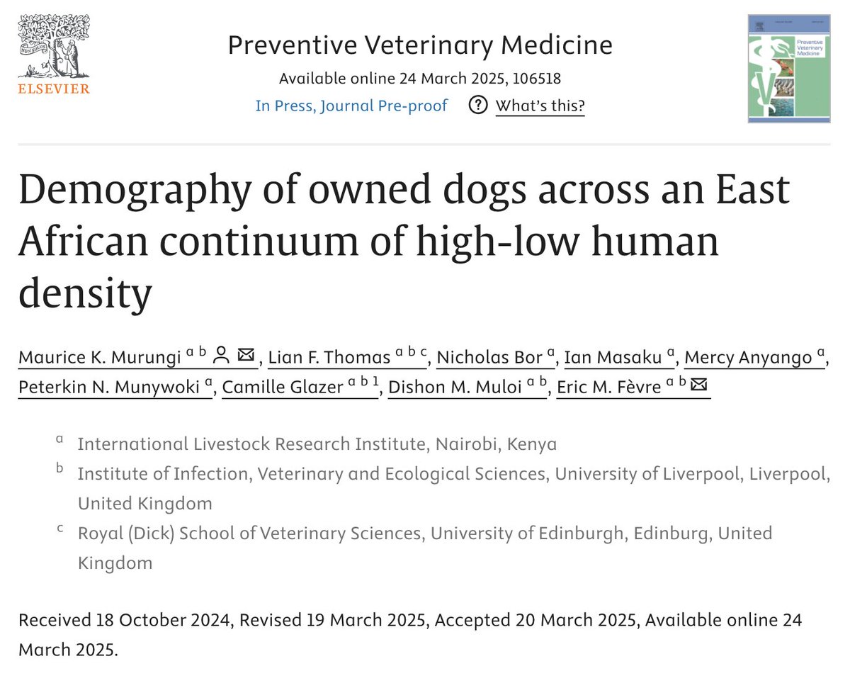 Zoonoses & EID (@zoonoticdisease) on Twitter photo Proud of our <a href="/KaraniMaurice/">Maurice Karani</a> for this latest paper out today:
Demography of owned dogs across an East African continuum of high-low human density
doi.org/10.1016/j.prev…
Dog ecology relating to #rabies control
<a href="/ILRI/">ILRI.org</a> <a href="/LivUni_IVES/">Inst of Infection Veterinary & Ecological Sciences</a> <a href="/livuninews/">University of Liverpool News</a> <a href="/EdinburghUni/">The University of Edinburgh</a> Proud of our <a href="/KaraniMaurice/">Maurice Karani</a> for this latest paper out today:
Demography of owned dogs across an East African continuum of high-low human density
doi.org/10.1016/j.prev…
Dog ecology relating to #rabies control
<a href="/ILRI/">ILRI.org</a> <a href="/LivUni_IVES/">Inst of Infection Veterinary & Ecological Sciences</a> <a href="/livuninews/">University of Liverpool News</a> <a href="/EdinburghUni/">The University of Edinburgh</a>