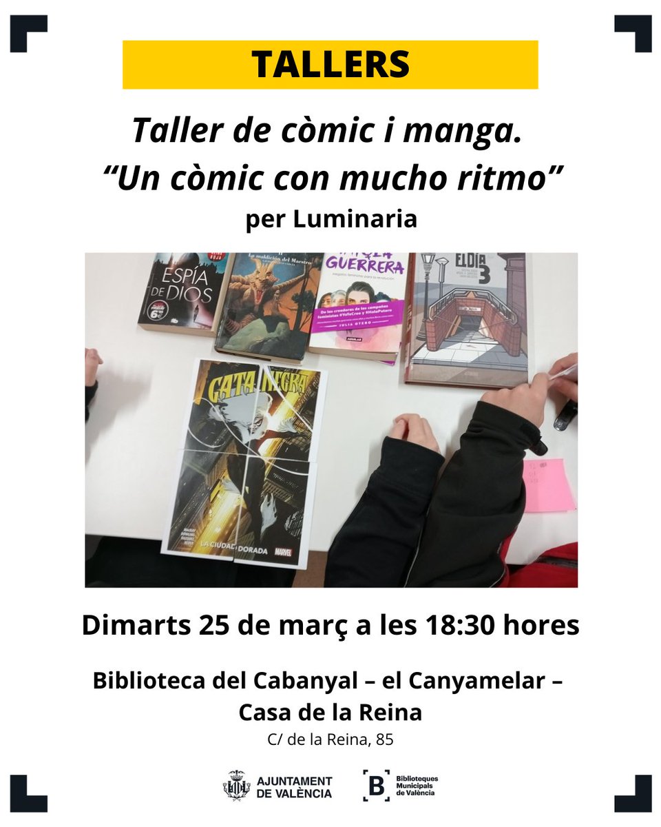 <a href="/AjuntamentVLC/">Ajuntament València</a> <a href="/CulturalVLC/">Cultural València</a> <a href="/RebomboriCult/">Rebombori Cultural</a> <a href="/ainara_cuenca/">Ainara Cuenca Juan</a> <a href="/ElisaMatallin/">Elisa M. Matallín</a> I el dimarts, tindrem un taller molt especial de la mà de <a href="/Luminariaeduca/">Luminaria Arte y aprendizaje</a> ✂️📝

Saca la capa que tenim una tarde de còmic i manga 🦹‍♂️🦸‍♀️

Retallarem, pegarem i coneixerem els personatges més divertits 🪄✨💫

T'apuntes? 👀