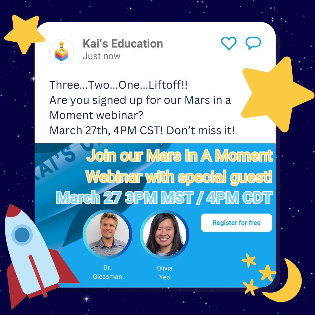 🚨 Only a FEW DAYS until Mars in a Moment!
🚀 Join us on March 27th at 4pm CST for an out-of-this-world webinar!
🌌 Don’t miss the chance to explore space and STEM with us. Mark your calendars! 🗓️ 

Register now!
zurl.co/eshAe 

#KaisEducation #MarsInAMoment #STEAM