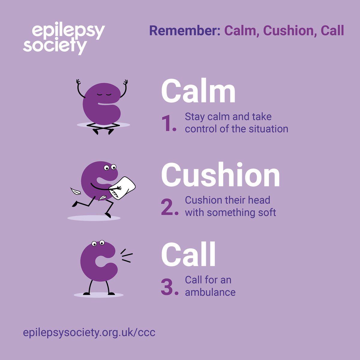 epilepsysociety's tweet photo. If you see someone having a tonic clonic seizure, remember:

Stay CALM
CUSHION their head
CALL for help

Our aim is to make sure everyone knows how to support someone with #epilepsy 💜

For more information: https://t.co/U2EH9TszGe

#seizurefirstaid #safety https://t.co/VyijsKzDQs