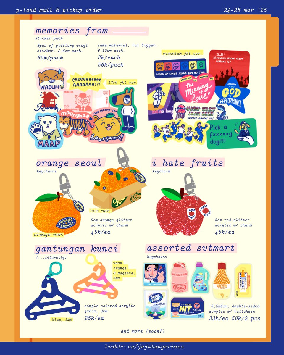 jejutangerines's tweet image. jejutangerines's p-land pre order batch 1 is open 🍊
stickers &amp;amp; keychain!

🗓️ 24-28 mar '25
🛍️ pickup at pland (day 1)/mail order after pland
📦 ships after pland on w2 may
🔗 linktr.ee/jejutangerines

feel fre to dm me any question! (mt after dm)
full catalogue coming soon ✨🧡