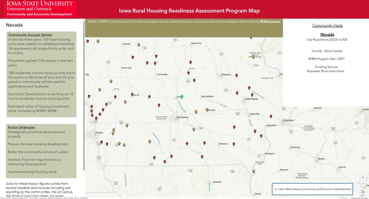 ISU_Geospatial's tweet image. Have you visited our interactive map site? This free ArcGIS tool highlights Iowa communities that have completed our Rural Housing Readiness Assessment (RHRA). Discover over 50 Iowa towns&apos; facts, successes and action strategies 👉 bit.ly/RHRAInteractive