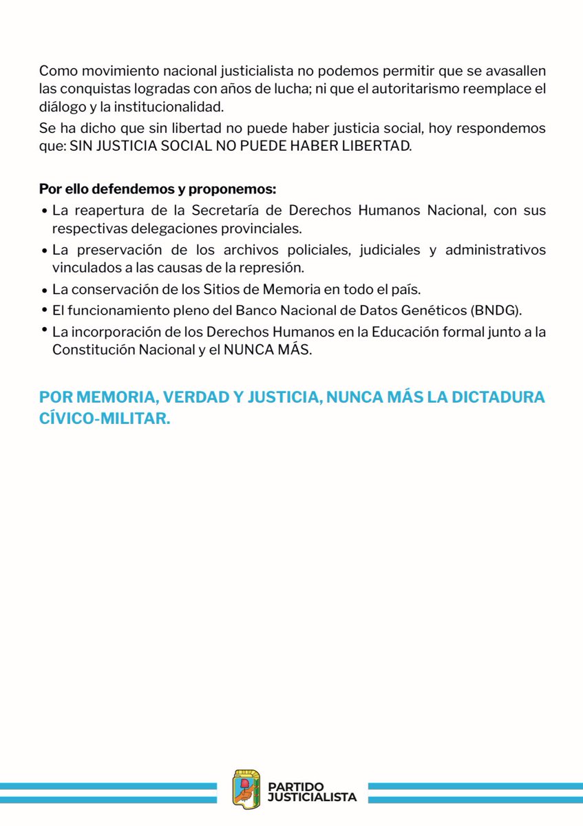 #24DeMarzo
Los Derechos Humanos no son de izquierda ni de derecha, son derechos de las personas. 

Comunicado de la Secretaría de Derechos Humanos del Partido Justicialista.

#MemoriaVerdadYJusticia #NuncaMas