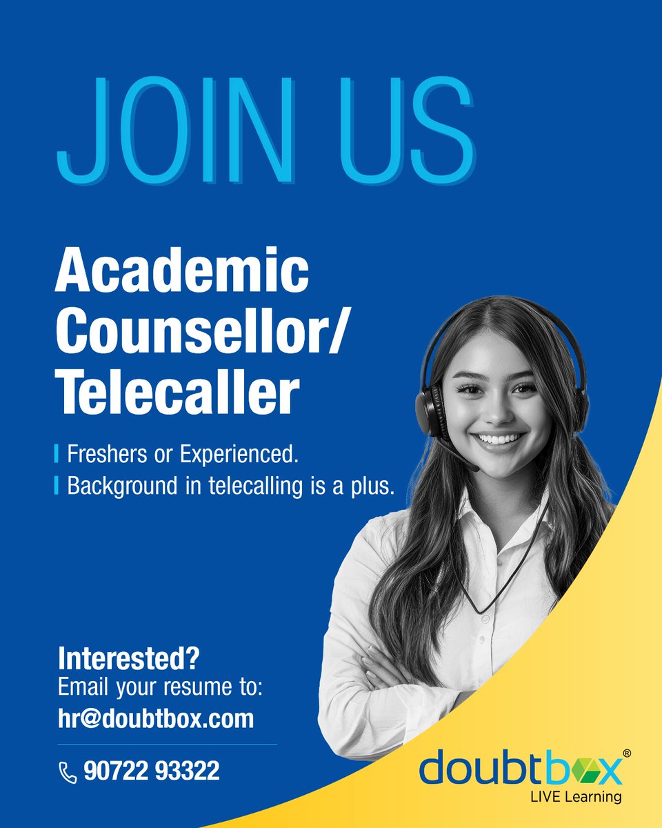 Doubtbox's tweet photo. Empower Minds, Enhance Futures! Join us as an Academic Counsellor &amp; guide students towards their dreams! Telecalling experience is a plus! Send your resume to hr@doubtbox.com
.
.
.
.
.
#AcademicCounsellor #HiringNow #CareerOpportunity #EducationJobs #JoinOurTeam #NowHiring https://t.co/hEmG13cpOZ