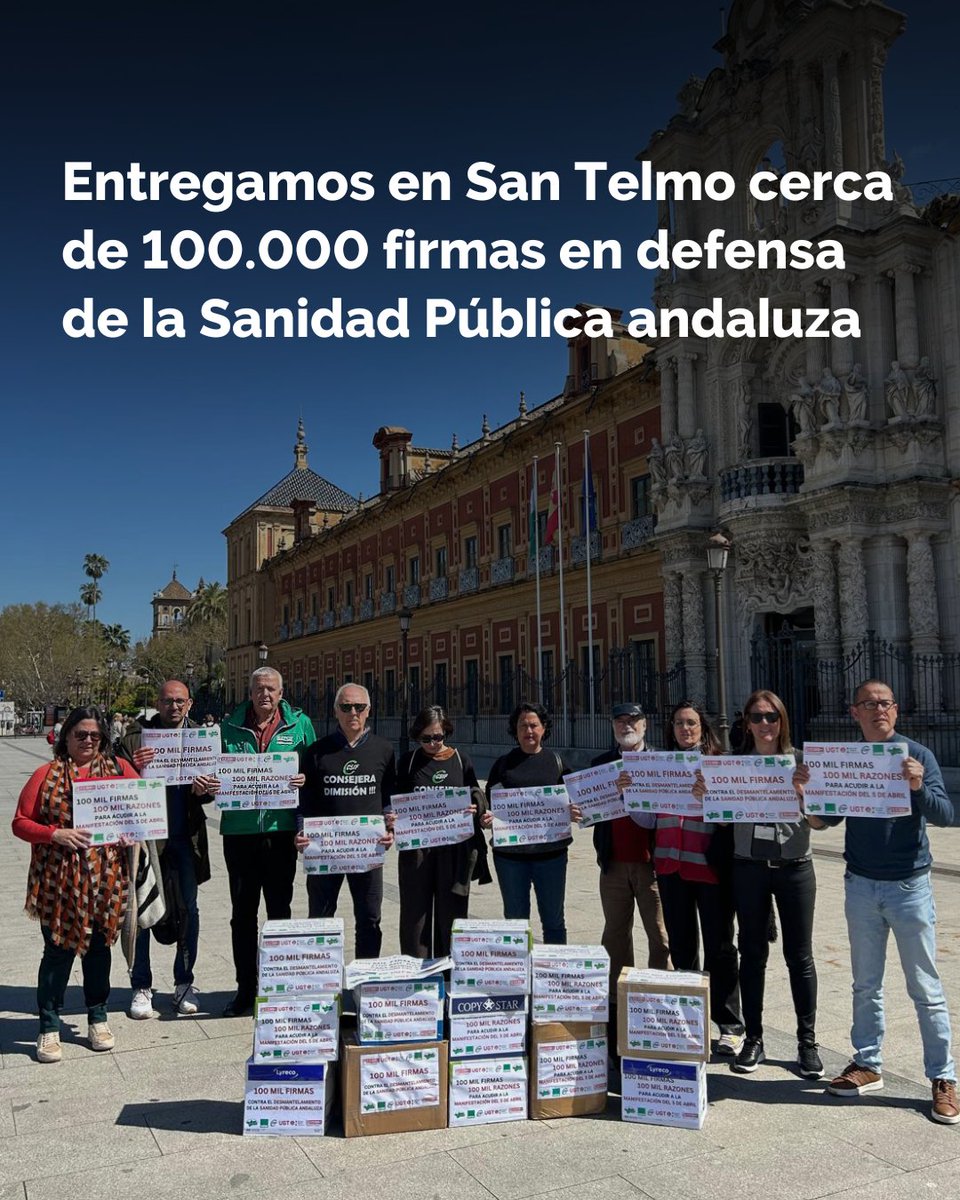 SATSE_Andalucia's tweet photo. ✍️ Hemos entregado en el Palacio de San Telmo cerca de 100.000 firmas en defensa de la #SanidadPública andaluza dirigidas a @JuanMa_Moreno
📢Y el 5 de abril todos juntos a #Sevilla para hacernos oír contra el desmantelamiento de nuestro sistema sanitario
🔗https://t.co/Z7VvNNE41B https://t.co/KXJqefmc8J