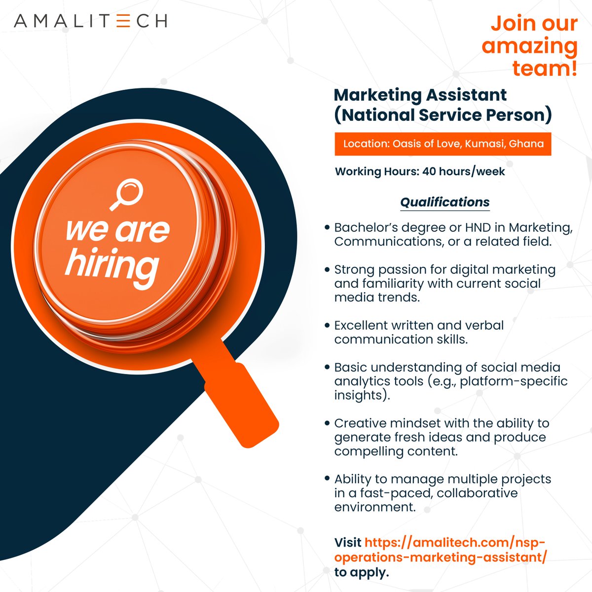 amali_tech's tweet photo. Join AmaliTech as a National Service Personnel – Non-Technical Role!

As part of our NSS Opportunity, we’re excited to invite applications for non-technical roles designed to develop a wide range of skills. We are looking for two enthusiastic National Service Personnel to join our team in Kumasi and Accra.

📌Marketing Assistant – Kumasi
Contribute to our digital marketing and content strategy, manage social media channels, create engaging content (especially for TikTok), support internal communications, and track campaign performance. Ideal for graduates in Marketing, Communications, or a related field with a passion for social media and content creation.

Apply here: https://t.co/sQn82monBP

📌Facility Assistant – Accra
Support office operations and maintenance, assist with facility inspections, vendor coordination, inventory management, and safety compliance. Ideal for graduates in Facility Management, Building Technology, or related fields with strong organisational skills.

Apply here: https://t.co/dSs4cMicgd

If you're eager to gain hands-on experience in a dynamic environment, collaborate with professionals, and gain international exposure, this is your opportunity to kickstart your career with AmaliTech.

#WorkwithAmaliTech