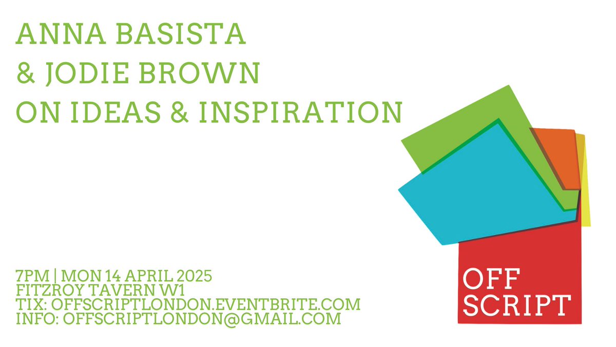 Off Script (@offscriptlondon) on Twitter photo Tickets now on sale for our April event, looking at Ideas and Inspiration. Speakers will be Anna Basista and Jodie Brown. See you there! shorturl.at/YaSVR Tickets now on sale for our April event, looking at Ideas and Inspiration. Speakers will be Anna Basista and Jodie Brown. See you there! shorturl.at/YaSVR