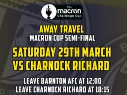 barntonfc's tweet photo. #5daystogo  #cupfever⚽️🏆

NEXT MATCH- AWAY!⚫️⚪️🔵🟡
📓 | Sat 29th March (AWAY) 
🏆 | Macron C/Cup Semi Final
🆚️ | Charnock Richard FC
🕢 | 3pm k/o
🏟 | Mossie Park
📍 | PR7 5LZ
💵 | Entrance £7, Consession £5
#UTV #TheCheshireJuve 
#bianconeri 

Get down to support the lads!🏆 https://t.co/kalytndbyb
