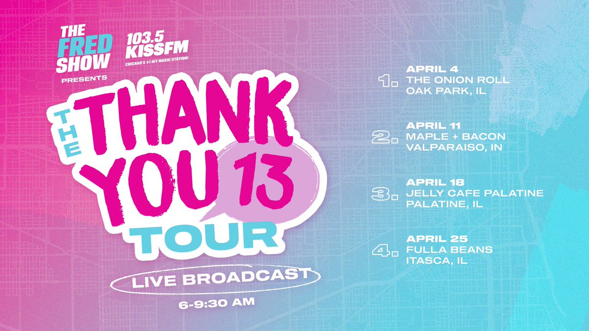 We’re going on TOUR! 🎉🎉🎉

The #ThankYOU13 tour is BACK! 🔥

📍Oak Park,IL 
📍Valparaiso, IN
📍Palatine,IL
📍Itasca,IL 

We can’t wait to see you! 💕Tap the LINK for details! 
 
1035kissfm.iheart.com/calendar/conte…