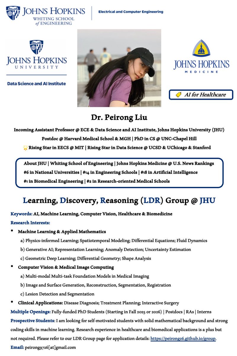 Peirong Liu (@peirong26) on Twitter photo 🦋 Life update: I am joining the Dept. of ECE (<a href="/JHUECE/">JHU ECE</a>) <a href="/JohnsHopkins/">Johns Hopkins University</a>
as an Assistant Professor in Fall 2025! I will also be part of the Data Science and AI Institute (<a href="/HopkinsDSAI/">Johns Hopkins Data Science and AI Institute</a>), advancing AI for healthcare and biomedicine. More info on my website: peirong26.github.io. 🦋 Life update: I am joining the Dept. of ECE (<a href="/JHUECE/">JHU ECE</a>) <a href="/JohnsHopkins/">Johns Hopkins University</a>
as an Assistant Professor in Fall 2025! I will also be part of the Data Science and AI Institute (<a href="/HopkinsDSAI/">Johns Hopkins Data Science and AI Institute</a>), advancing AI for healthcare and biomedicine. More info on my website: peirong26.github.io.