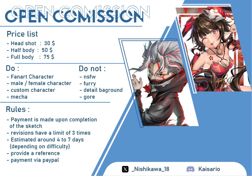 hello everyone ૮( •᎑•`)っ 

im open for comission
Slot (0/5)
If you interested, feel free to DM me on discord or X ૮₍ ˶ᵔ ᵕ ᵔ˶ ₎ა

Discord : Kaisario
X              : _Nishikawa_18

( RT are really appreciated )ᯓᡣ𐭩
                 
#CommissionOpen 
#CommissionSheet
