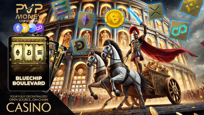 TheTokenDev's tweet photo. BLUECHIP BOULEVARD, one of many games LIVE NOW on #PVPMoney ! 🔥
BECOME A BOSS OF THE BOULEVARD!
🎲Connect your wallet and play, it's that simple!
🎲 Your fully decentralized, open source, on-chain casino.
LINK: https://t.co/6hxcWHqqTN https://t.co/dHwWktpBHe