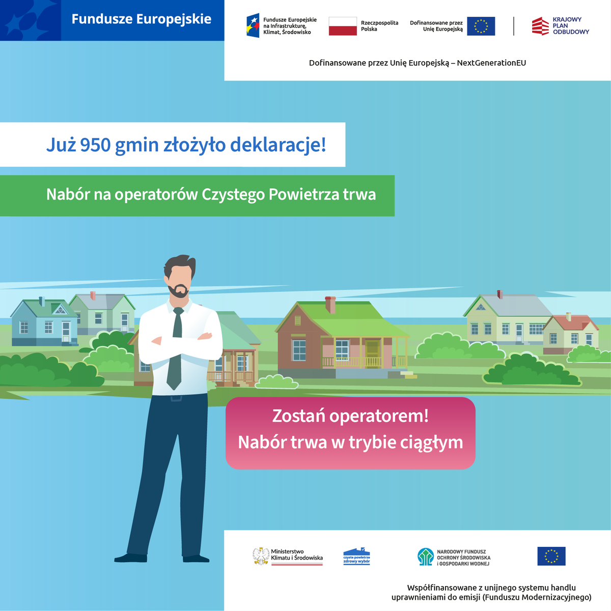 NFOSiGW's tweet photo. ✅ Już 950 gmin zadeklarowało udział w programie operatorów Czystego Powietrza! 

🌬️ Czyste Powietrze to jeden z najważniejszych programów proekologicznych w Polsce, wspierający termomodernizację domów i wymianę starych pieców, tzw. kopciuchów. Teraz gminy mogą pełnić rolę operatorów, zapewniając mieszkańcom pełne wsparcie na każdym etapie inwestycji.

💡 Dlaczego warto dołączyć do programu operatorów?
 🔹 Zapewnienie mieszkańcom możliwości uzyskania najwyższego poziomu dofinansowania oraz dotacji z prefinansowaniem
 🔹 Dodatkowe wynagrodzenie dla gmin za skuteczne działania operatorskie
 🔹 Szybsza wymiana źródeł ciepła i poprawa jakości powietrza w gminie.

📌 Główne zadania operatorów:
 ✅ Pomoc mieszkańcom w pozyskaniu dotacji
 ✅ Wsparcie przy wyborze audytora i wykonawców
 ✅ Pomoc w wypełnianiu wniosków i rozliczaniu dotacji
 ✅ Monitorowanie realizacji inwestycji.

📅 Nabór dla gmin trwa w trybie ciągłym!
🌱 Jeśli Twoja gmina jeszcze nie dołączyła – czas to zmienić! 
👉 Więcej informacji na stronach poszczególnych WFOŚiGW oraz tutaj: https://t.co/bor2kqm61y

@MKiS_GOV_PL @MFIPR_GOV_PL #KPO #FunduszeUE #FunduszeEuropejskie #CzystePowietrze #gmina #gminnioperatorzy #dotacje #dofinansowanie
