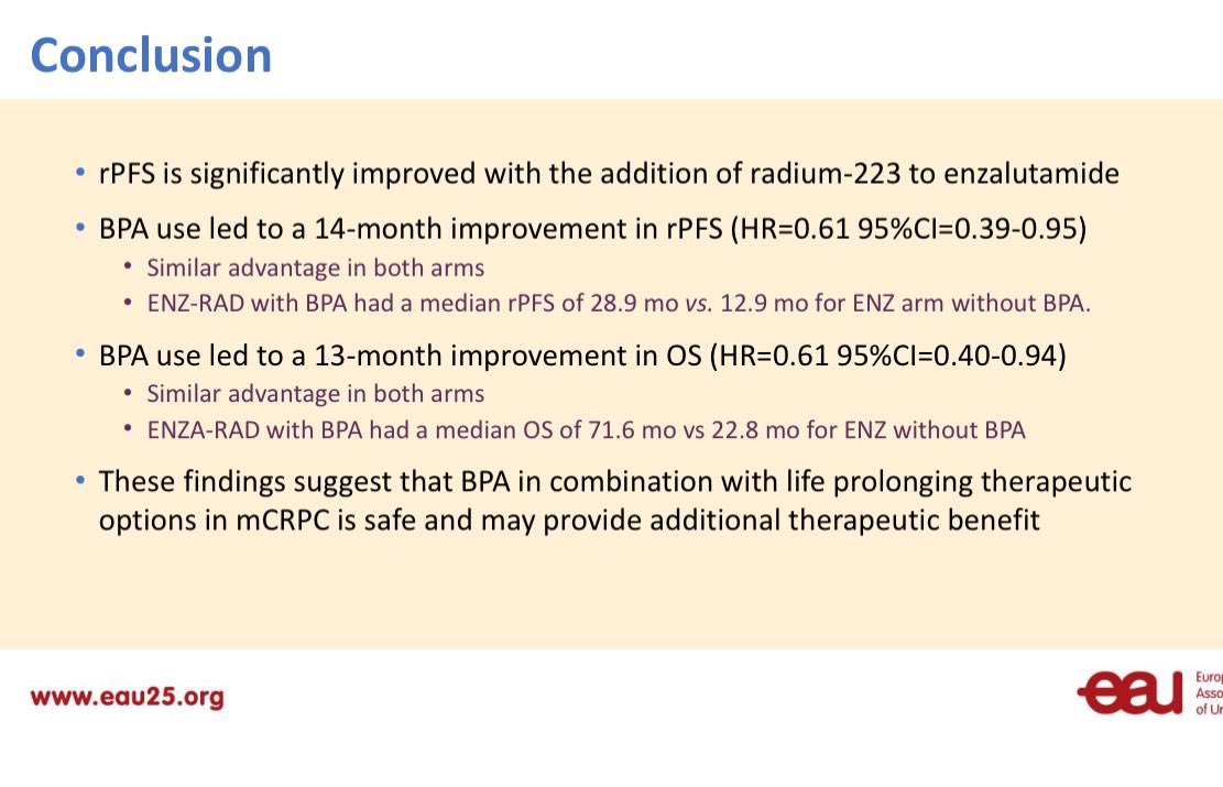 BertrandTOMBAL's tweet image. Data from Peace3 presented by Fred Saad clearly suggest that early administration of bone protecting agent increase rPFS and OS in patients receiving enzalutamide +- Ra223 @EORTC @GETUG_Unicancer @sogug1 @LACOG_group @Silke_Gillessen #EAU2025