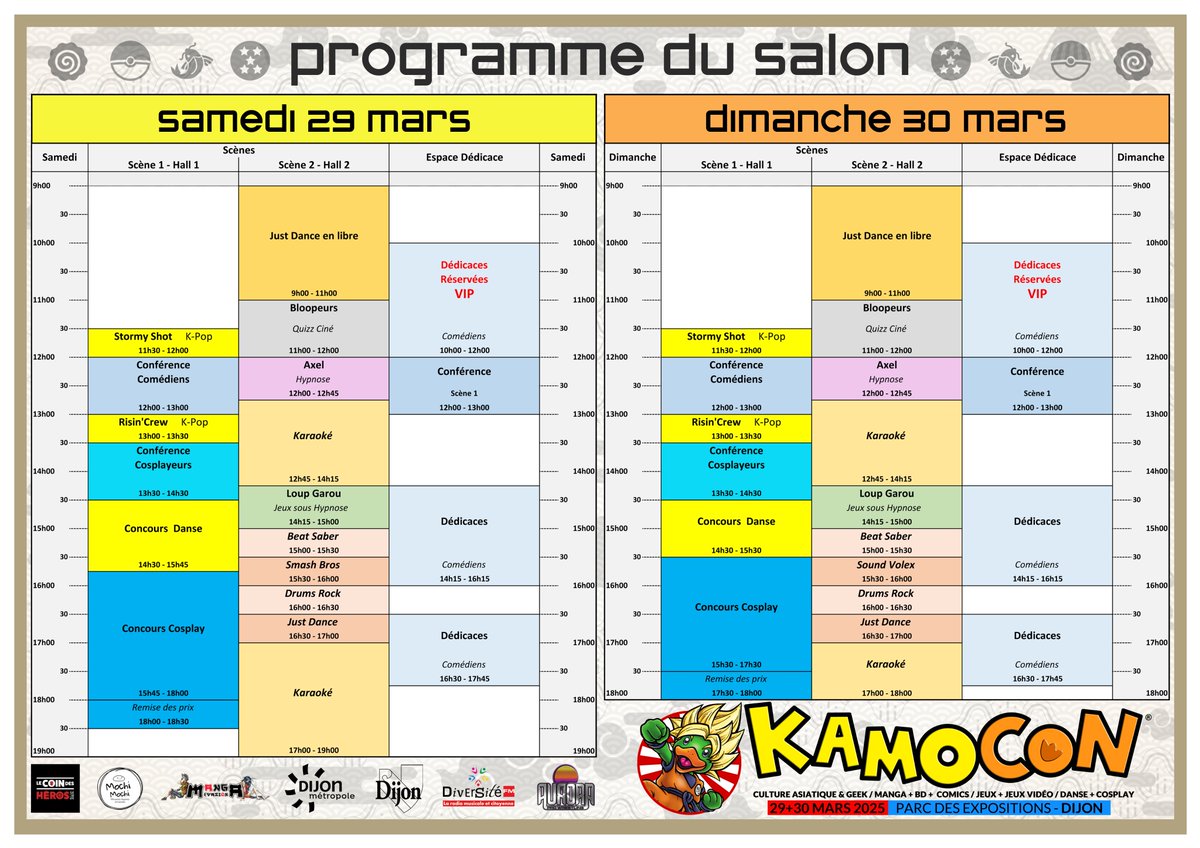 Coin ! Voici le programme de la huitième édition de Kamo Con ce week-end au parc des expos de Dijon ! 
On a hâte de vous retrouver !
Vous avez vos billets ?
kamocon.fr/billetterie