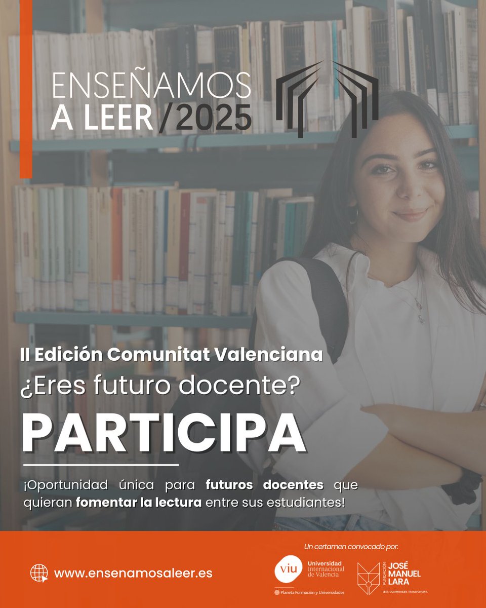 🎓📚 ¡Futuro docente de la Comunitat Valenciana, este es tu momento!

Si tu TFG o TFM se centra en el fomento de la lectura y lo has presentado en los últimos 3 años o lo estás preparando ahora, ¡puedes participar en el certamen ‘Enseñamos a Leer’!

👉 ensenamosaleer.es