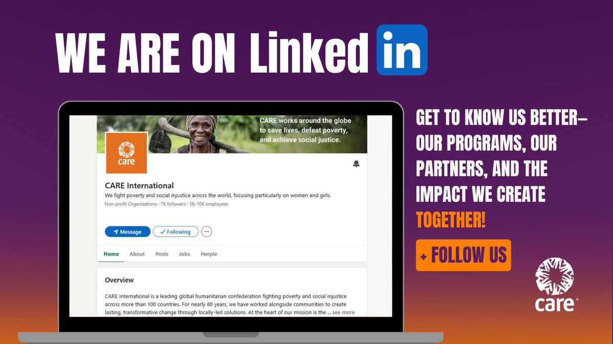 Are you on LinkedIn? Connect with us to explore how our programs work, meet our partners, and learn more about CARE and our partners' proven impact: buff.ly/4kbki7d

What you’ll find:
✅ In-depth analyses
📖 Insights into our methodologies
📊 Polls &amp; discussions
ℹ️