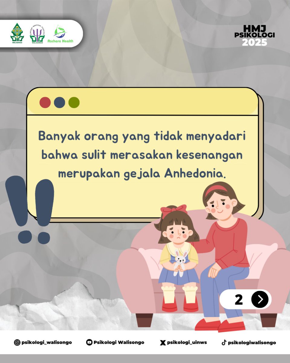 psikologi_uinws's tweet photo. [PSYCHOTALKS #1: ANHEDONIA]

Halo sobat psikologi!! 💗
Pernah ga nih merasa hampa dan kehilangan minat pada hal-hal yang dulu disukai? Ternyata ada kaitannya loh dengan psikologis. https://t.co/qwy9Ex7NR9