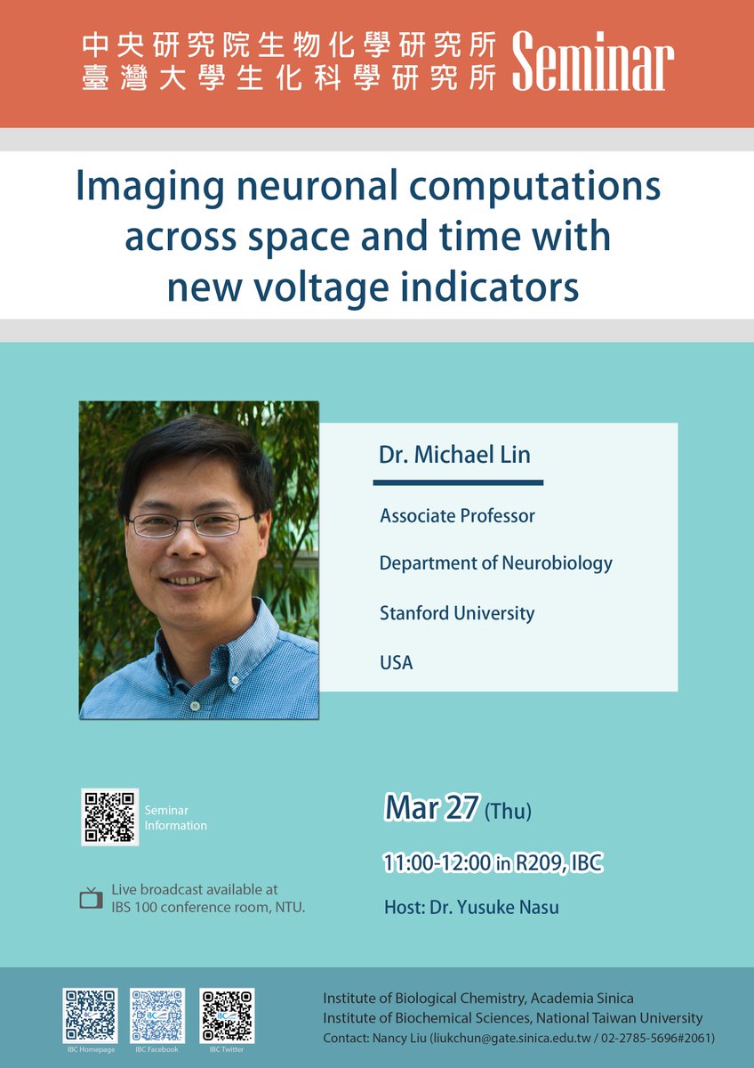 Yusuke Nasu (@nasulab_ibc) on Twitter photo We are delighted to invite you to a seminar presented by Dr. Michael Z. Lin from Stanford University. Join us this Thursday <a href="/IBCSinica/">IBC Academia Sinica</a> for this opportunity to learn about groundbreaking techniques for visualizing neuronal activity.
We look forward to seeing you there! We are delighted to invite you to a seminar presented by Dr. Michael Z. Lin from Stanford University. Join us this Thursday <a href="/IBCSinica/">IBC Academia Sinica</a> for this opportunity to learn about groundbreaking techniques for visualizing neuronal activity.
We look forward to seeing you there!