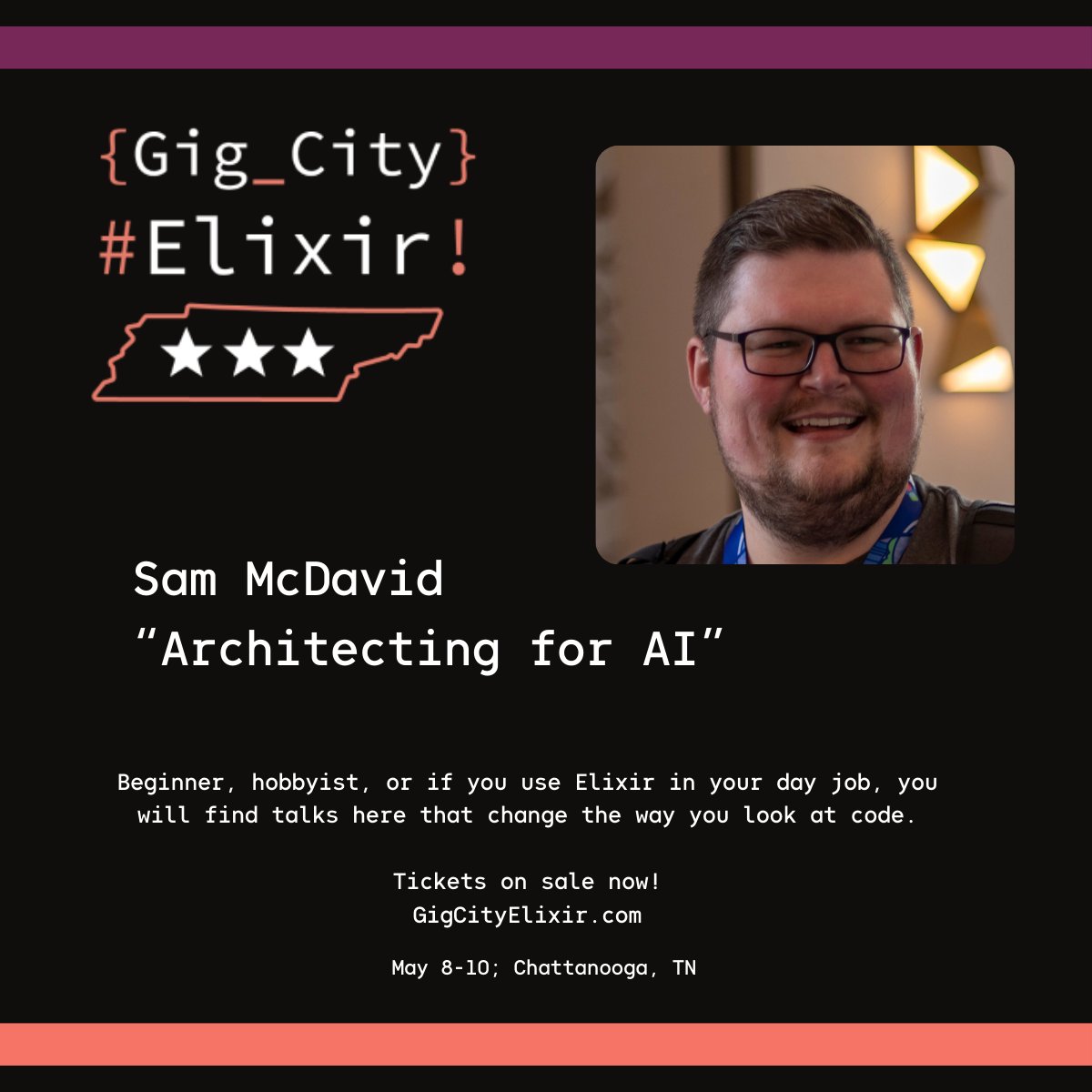 GigCityElixir's tweet photo. Excited to have Sam talk to us about Architecting for AI! 

AI is moving so quickly - we'll be talking about it several ways at GCE this year - come join!
Tickets: https://t.co/W8NjeGUq1k 

#ElixirLang https://t.co/X4GWEo7QF7