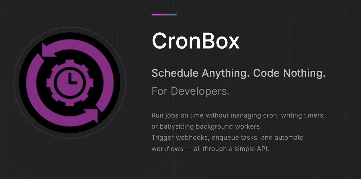cron_box's tweet image. Stop babysitting background workers.
Start scheduling with one clean API. 

🕒 Trigger webhooks, queue tasks, and run background jobs — no cron servers, no infra to manage.

cronbox.tech