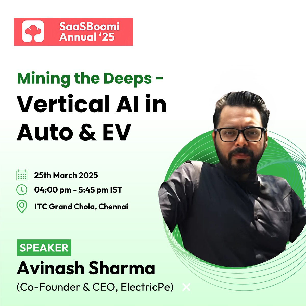 Honoured to share that Avinash Sharma (Co-Founder &amp; CEO at ElectricPe) will be speaking at SaaSBoomi Annual ‘25! ⚡

He’ll be joining an exclusive panel discussion on deep vertical AI startups in the EV sector. 

#SBAnnual25 #AbIndiaChalegaElectricPe