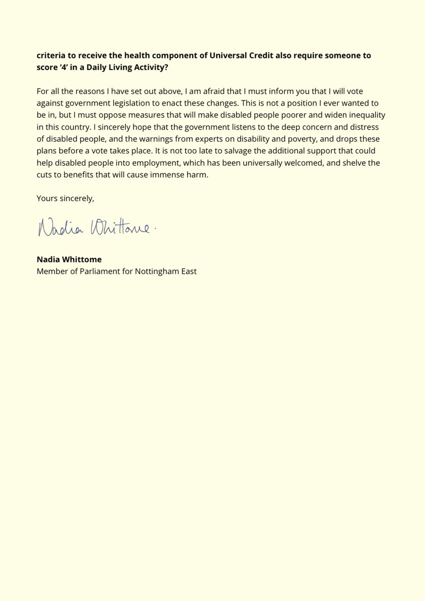 NadiaWhittomeMP's tweet image. I have written to the government to express my deep concerns about the proposed changes to disability benefits, and to ask a number of questions.
I will vote against these cuts.