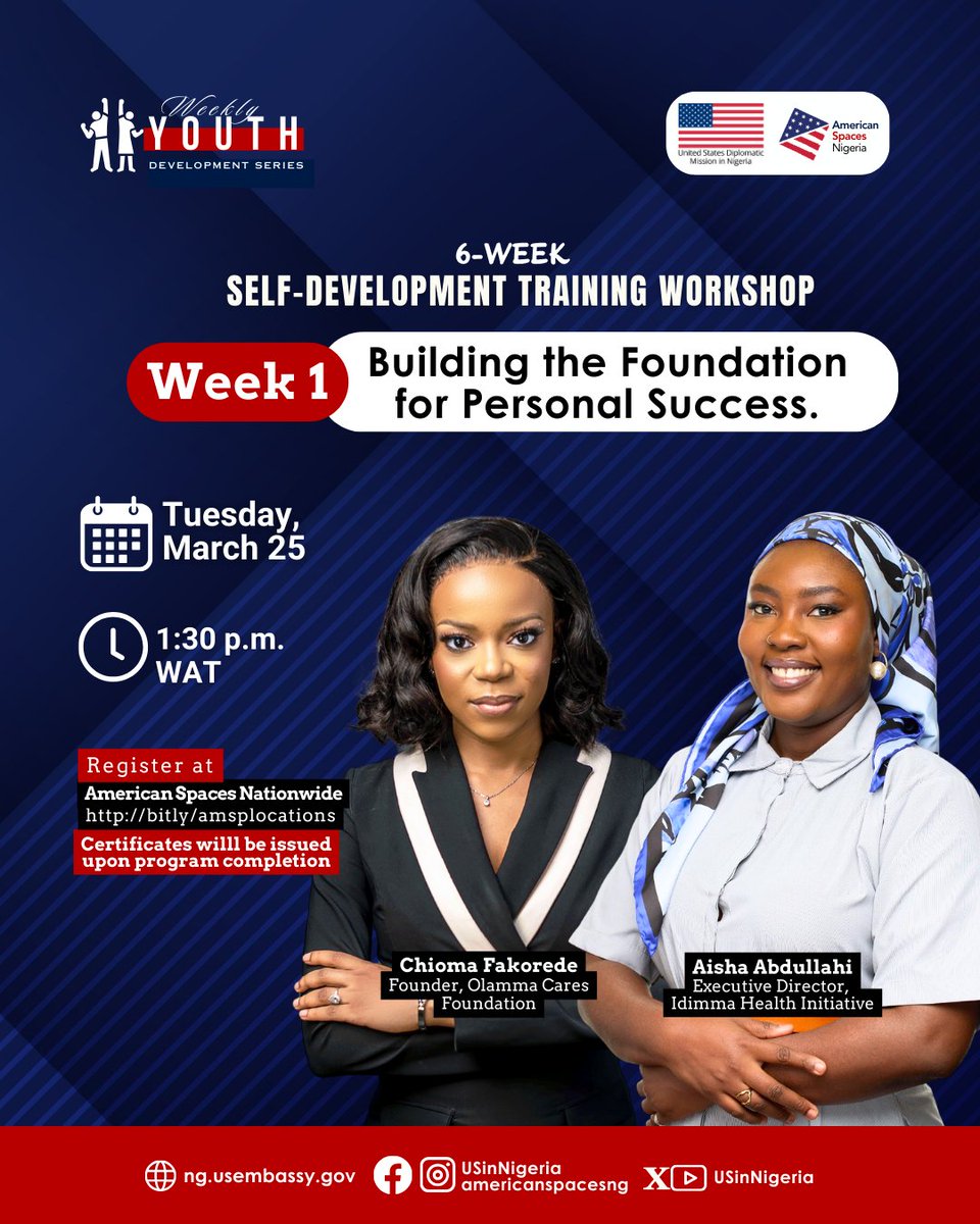 Ready to build your personal success story? Join our FREE 6-week Self-Development Training Workshop starting TOMORROW, March 25th! Week 1 is all about laying the foundation. Register NOW: http://bitly/amsplocations #YouthDevelopment  #USinNigeria  <a href="/flowwithchi/">Chioma Fakorede {Achalugo}</a> <a href="/_sunshineseries/">The Sunshine Series-Mind Wellness</a>