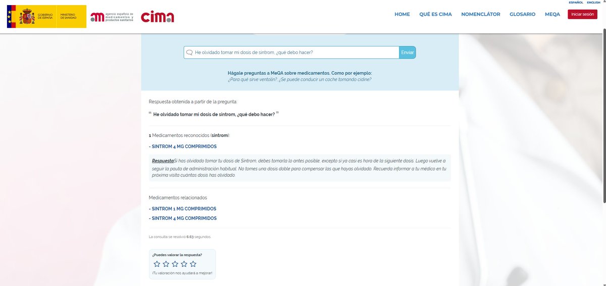 ¿Conoces #MeQa, el sistema automático de respuestas a preguntas sobre medicamentos de uso humano de <a href="/AEMPSGOB/">AEMPS</a>?

ℹ️💊❔Es un buscador basado en #IA que permite realizar preguntas sobre medicamentos y extrae las respuestas con la información del prospecto

cima.aemps.es/cima/publico/m…